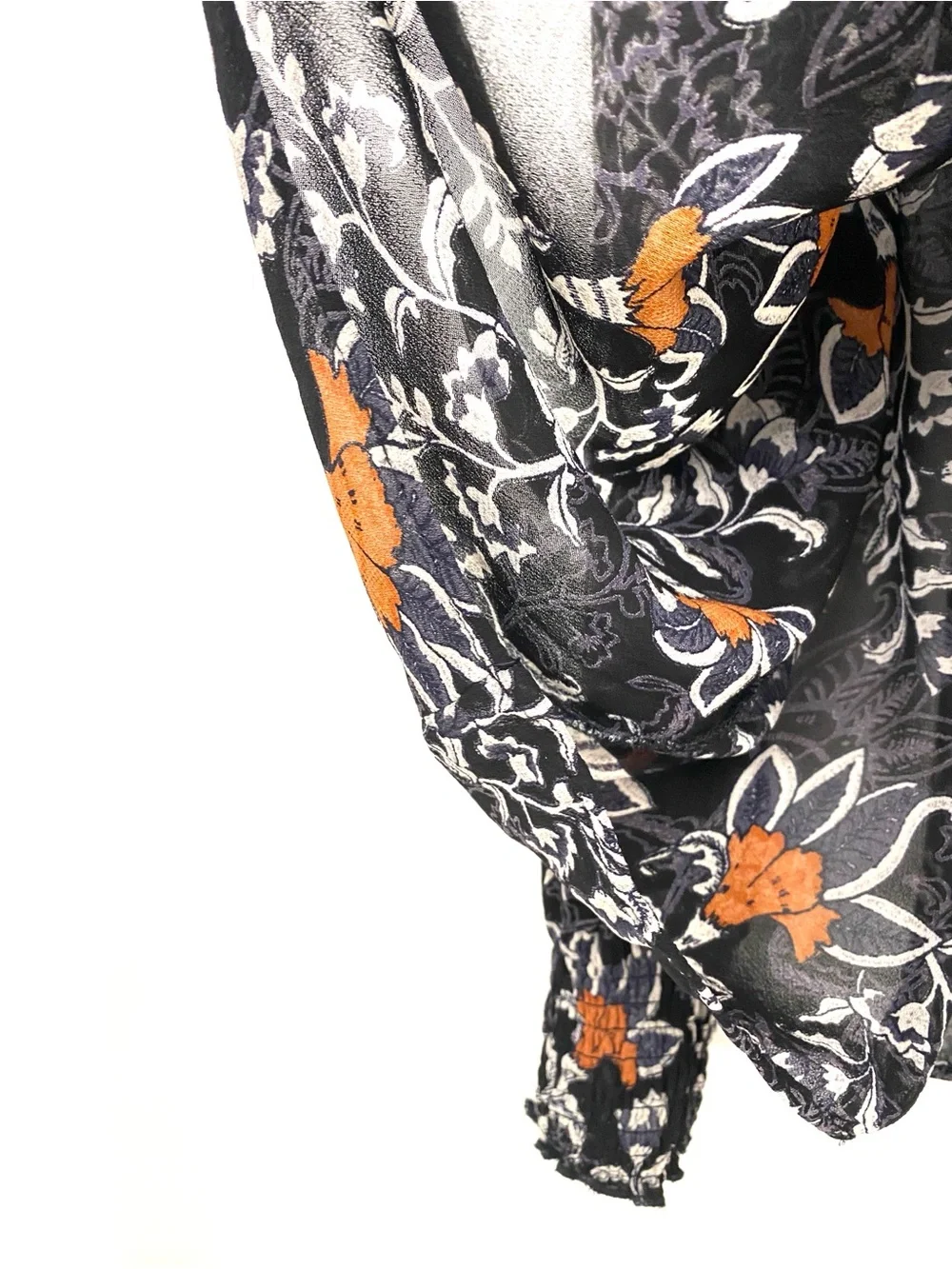 B. Copenhagen Floral Smocked Neck Sheer Blouse Black Burnt Apricot Paisley US M - Picture 7 of 14